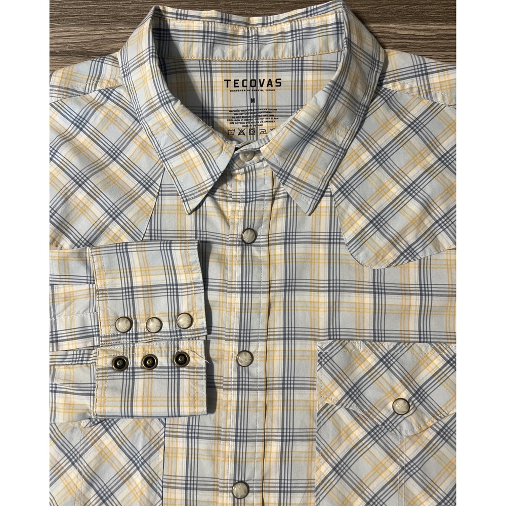 Tecovas Pearl Snap Plaid Western Long Sleeve Shirt Blue/Yellow/White Size Medium